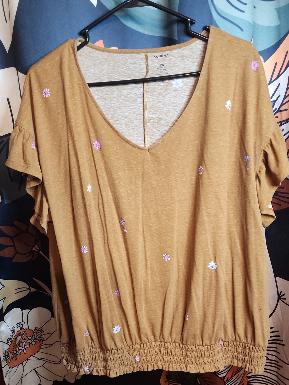 Sonoma Women’s Mustard Short-Sleeve V-Neck Top with Floral Embroidery